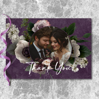 Plum Purple Elegant Floral Modern Wedding Photo Thank You Card