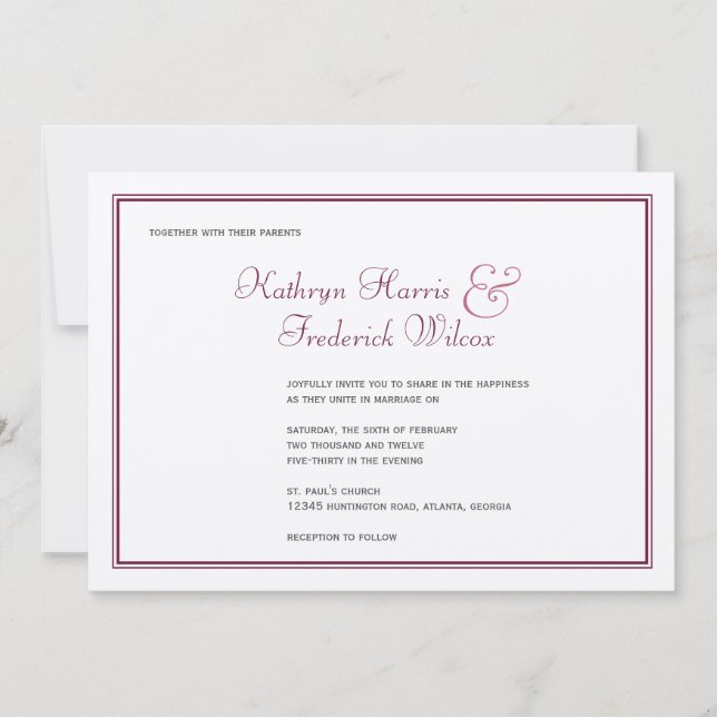 Plum purple elegant formal wedding invitation (Front)