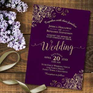 Plum Purple Elegant Lacy Gold Calligraphy Wedding Invitation