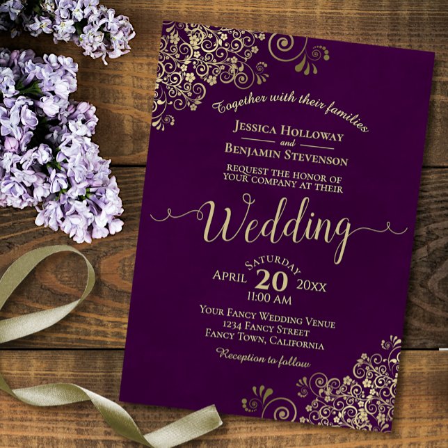 Plum Purple Elegant Lacy Gold Calligraphy Wedding Invitation (Creator Uploaded)