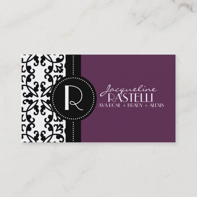 Plum Purple Estate Damask Mummy Calling Card / (Front)