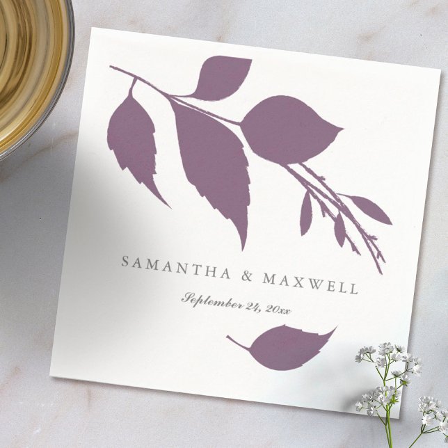 Plum Purple Fall Leaves  Napkins (custom napkins personalized with names and wedding date purple leaves )