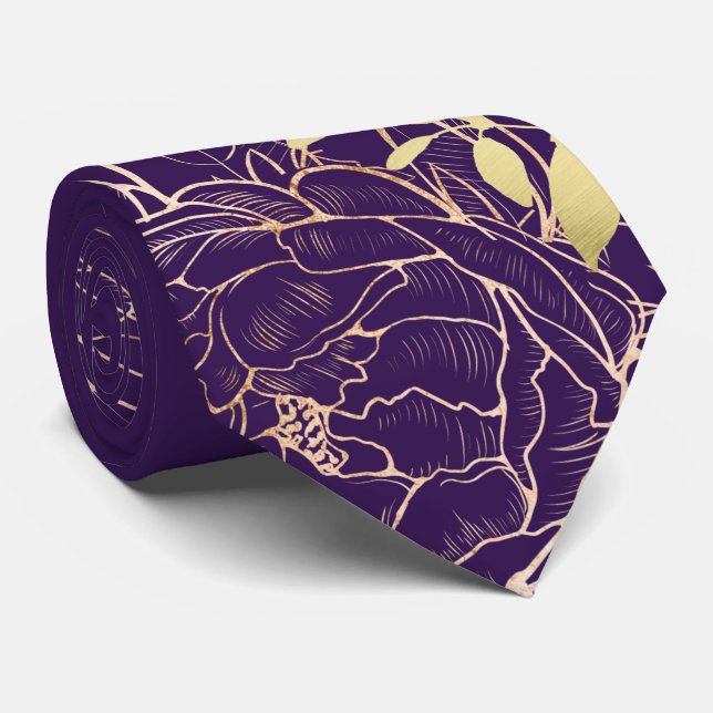 Plum Purple Faux Gold Peony Modern Floral Wedding Tie (Rolled)