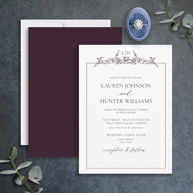 Plum Purple Floral Border Monogram Wedding Invitation (Creator Uploaded)