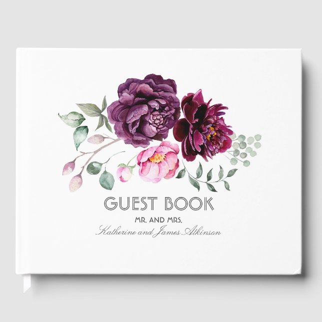 Plum Purple Floral Bouquet Watercolor Wedding Guest Book (Front)