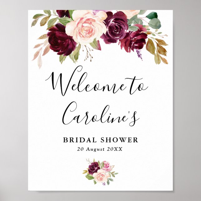 plum purple floral bridal shower welcome sign (Front)