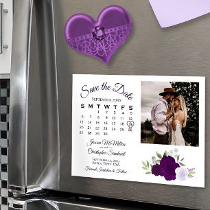 Plum Purple Floral Calendar & Photo Save the Date Magnetic Invitation