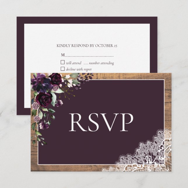 Plum Purple Floral Lace Wood Wedding RSVP Card (Front/Back)