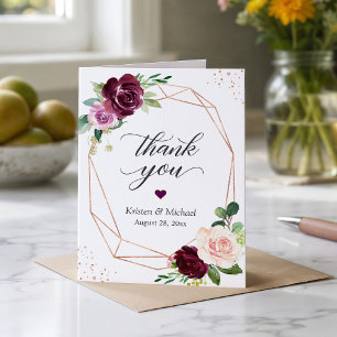 Plum Purple Floral Modern Geometric Gold Frame Thank You Card