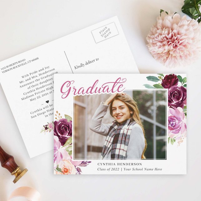 Plum Purple Floral Photo Graduation Announcement Postcard (Creator Uploaded)