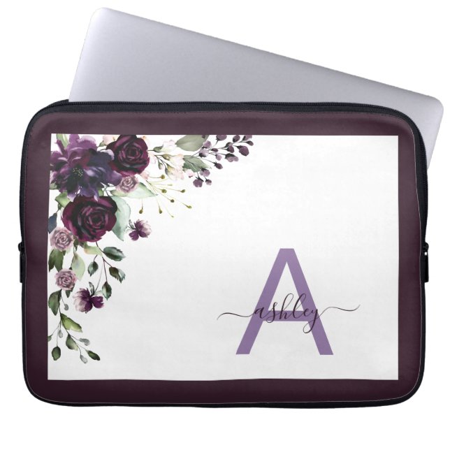 Plum Purple Floral Script Name Monogram Initial Laptop Sleeve (Front)