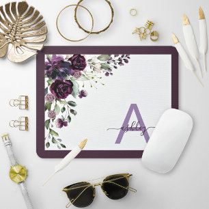 Plum Purple Floral Script Name Monogram Initial Mouse Pad