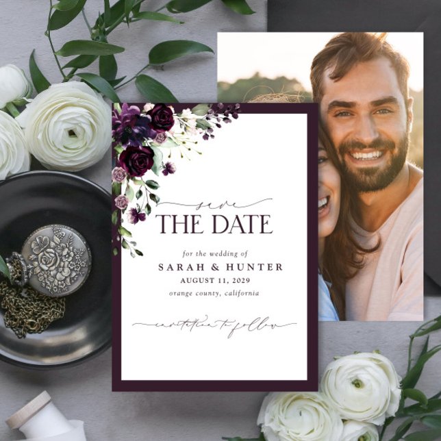 Plum Purple Floral Script Wedding Save The Date (Creator Uploaded)