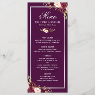 Plum Purple Floral Silver Grey Wedding Menu Card