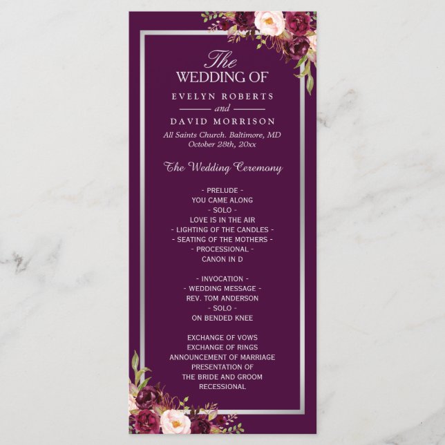 Plum Purple Floral Silver Grey Wedding Program Programme (Front)