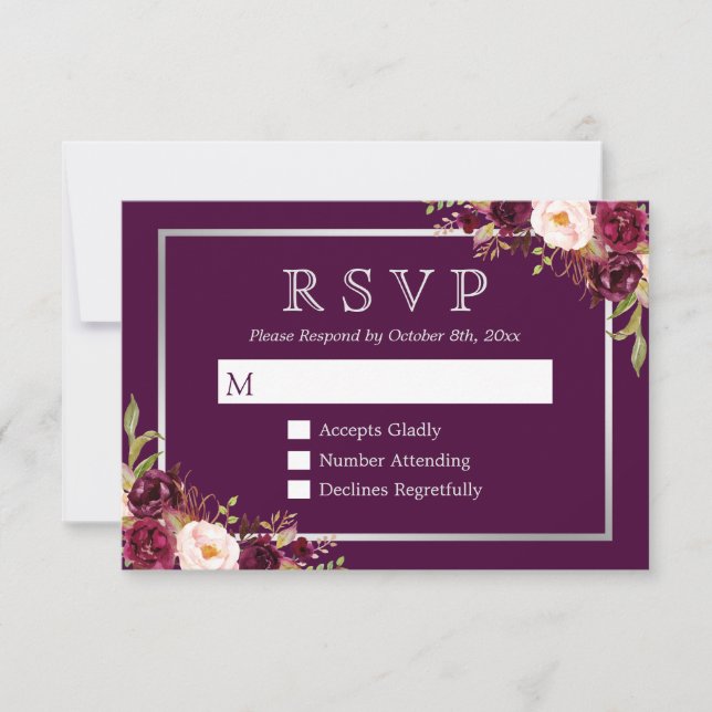 Plum Purple Floral Silver Grey Wedding RSVP Card (Front)