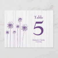 Plum purple floral stripes wedding table number
