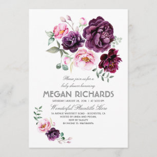 Plum Purple Floral Watercolor Boho Baby Shower Invitation