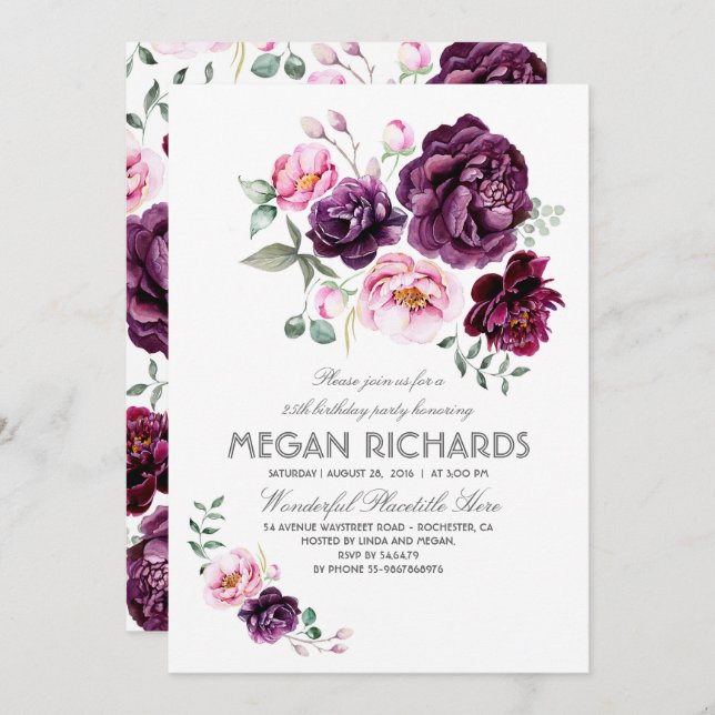 Plum Purple Floral Watercolor Boho Birthday Party Invitation (Front/Back)