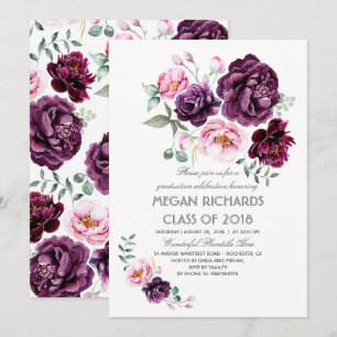Plum Purple Floral Watercolor Boho Graduation Invitation