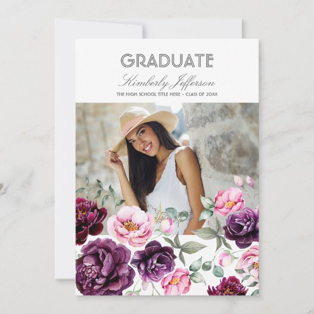 Plum Purple Floral Watercolor Photo Graduation Invitation (Front)