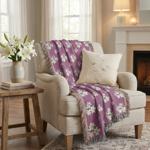 Plum Purple Floral with White Lily Pattern Throw Blanket