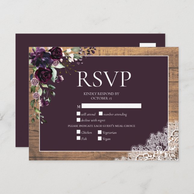 Plum Purple Floral Wood Lace Rustic Wedding RSVP Invitation Postcard (Front/Back)