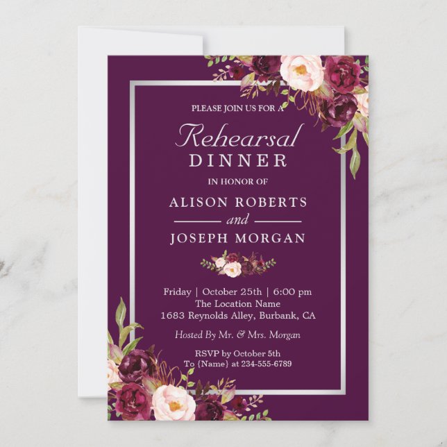 Plum Purple Flowers Chic Wedding Rehearsal Dinner Invitation (Front)