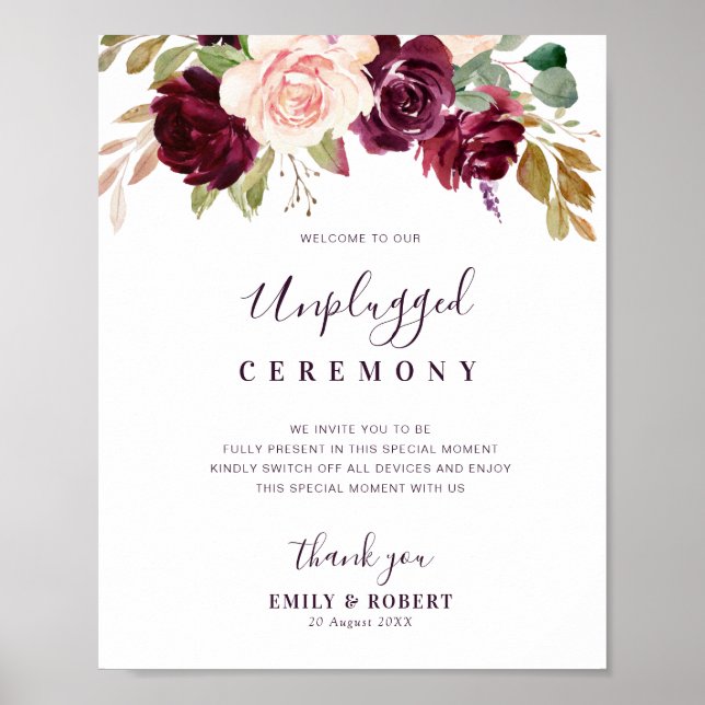 plum purple flowers unplugged ceremony sign (Front)