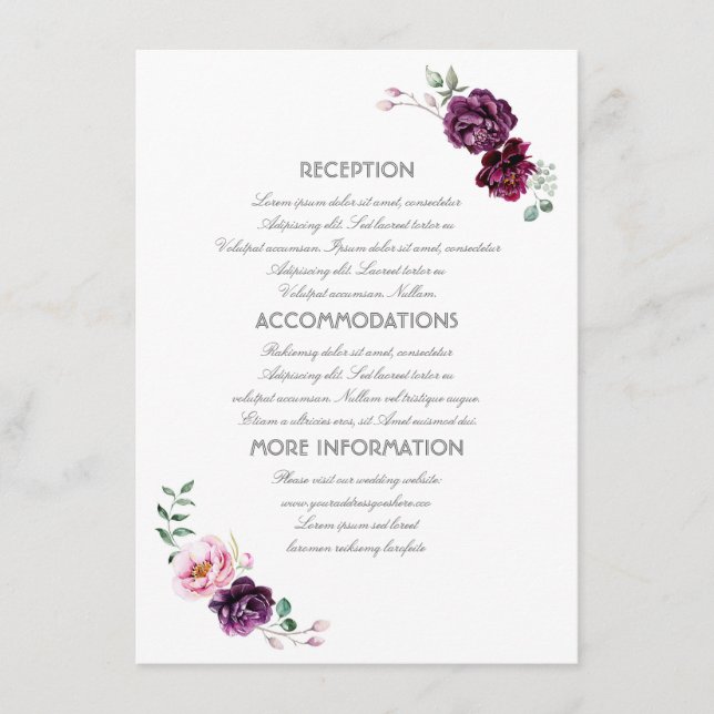 Plum Purple Flowers Wedding Information Guest Card (Front)