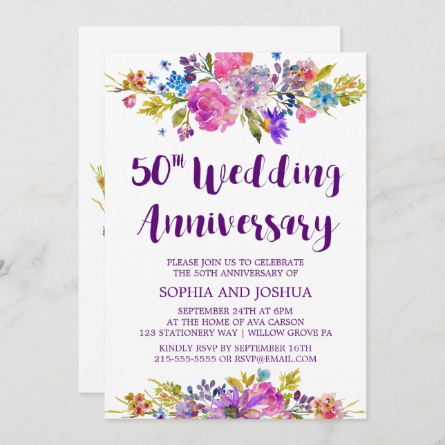Plum Purple Garden 50th Wedding Anniversary Party Invitation (Front/Back)