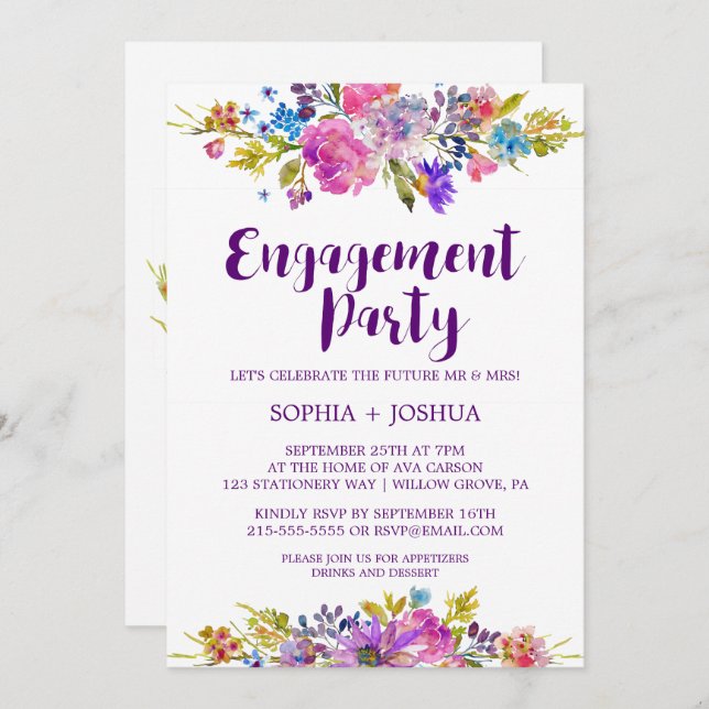 Plum Purple Garden Engagement Party Invitation (Front/Back)