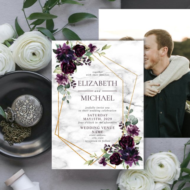 Plum Purple Geometric Marble Floral Photo Wedding Invitation (Creator Uploaded)