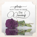 Plum Purple Glam Rose Don't Take My Drink Wedding Paper Coaster<br><div class="desc">This wedding coaster is elegant, stylish, and fun! It features a photo of a single long-stemmed plum purple or eggplant coloured rose lying on its side mirrored in a pool of water. The text reads "Please don't take my drink, I'm dancing" written in modern script lettering. There is space for...</div>