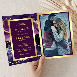 Plum Purple Gold Agate Marble QR Code Wedding Invitation