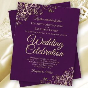 Plum Purple & Gold Fancy BUDGET Wedding Invitation