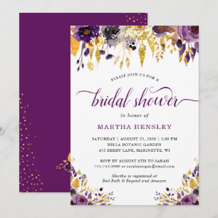 Plum Purple Gold Floral Bridal Shower Invitation