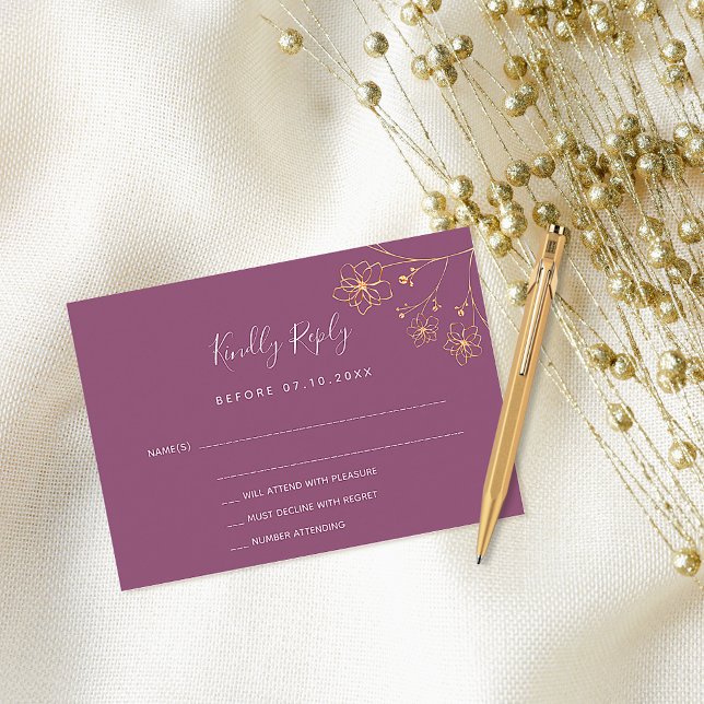 Plum purple gold floral elegant wedding RSVP Card (Creator Uploaded)