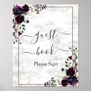 Plum Purple Gold Floral Marble Guest Book Sign