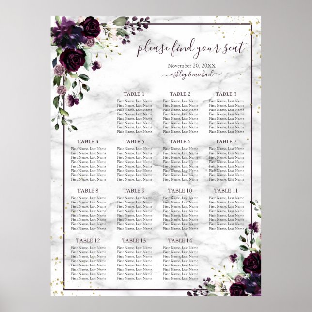 Plum Purple Gold Floral Marble Wedding Seating Poster (Front)