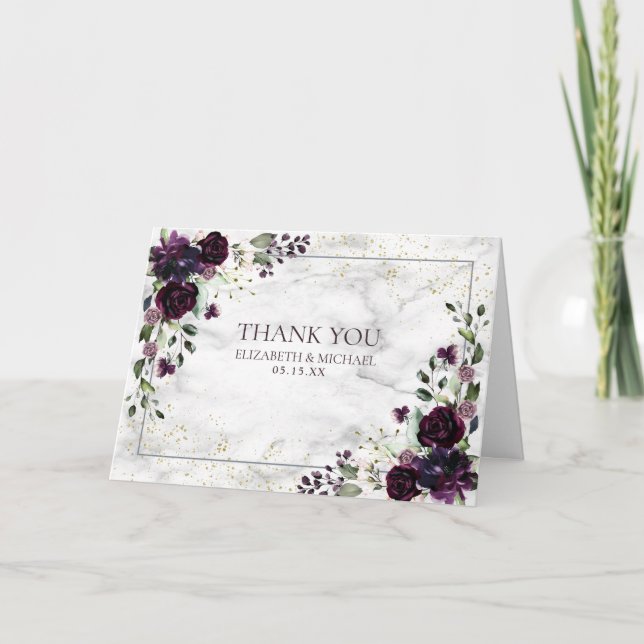 Plum Purple Gold Floral Photo Wedding Thank You Card (Front)