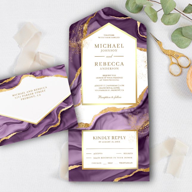 Plum Purple Gold Foil Abstract Fluid Ink Wedding All In One Invitation (Creator Uploaded)