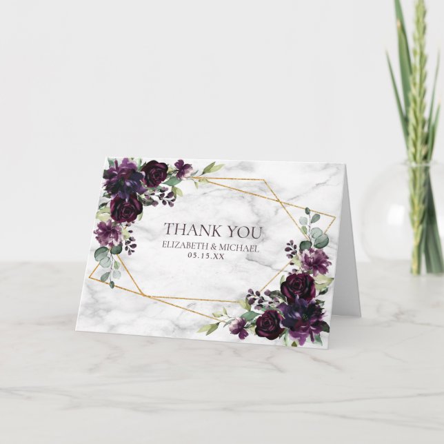 Plum Purple Gold Geometric Floral Photo Wedding Card (Front)