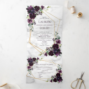 Plum Purple Gold Geometric Marble Photo Tri-Fold Invitation