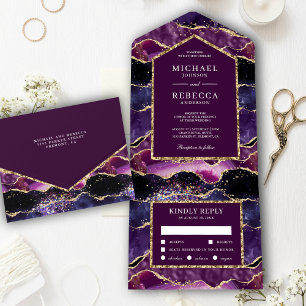 Plum Purple Gold Glitter Agate Marble Wedding All In One Invitation