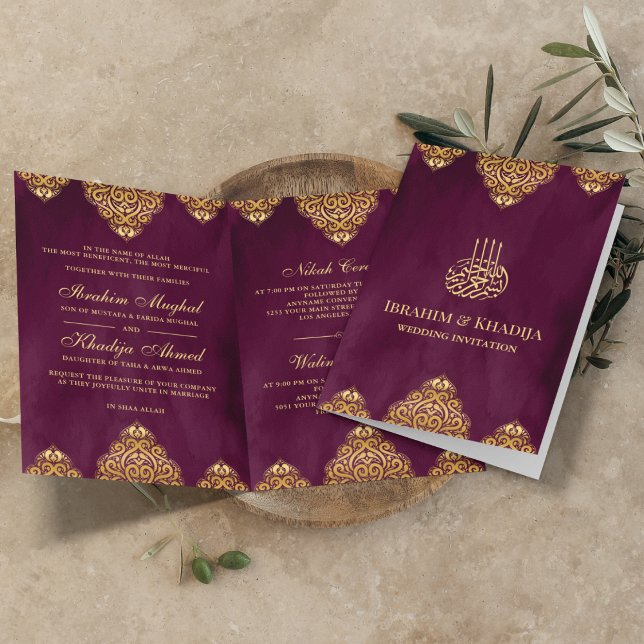 Plum Purple Gold Islamic Motif Muslim Wedding Invitation (Creator Uploaded)