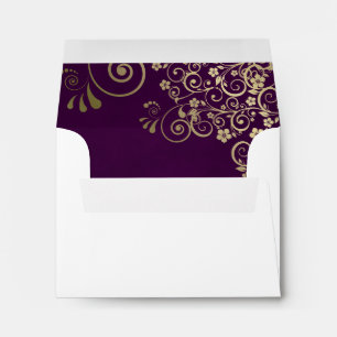 Plum Purple & Gold Lace Inside White Wedding RSVP Envelope
