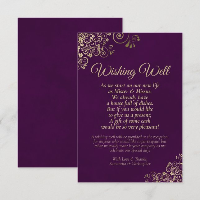 Plum Purple & Gold Lace Wedding Wishing Well Poem Enclosure Card (Front/Back)