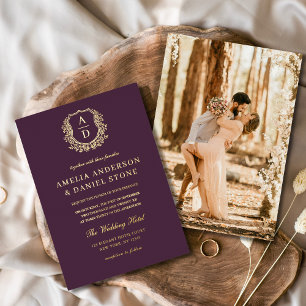 Plum Purple Gold Leafy Crest Photo Wedding 