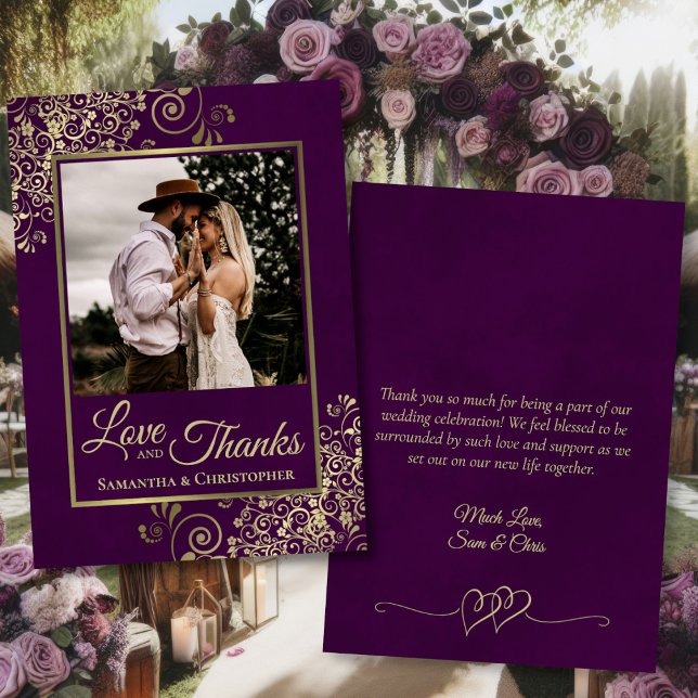 Plum Purple & Gold Love Thanks Note Wedding Photo Thank You Card (Front/Back)